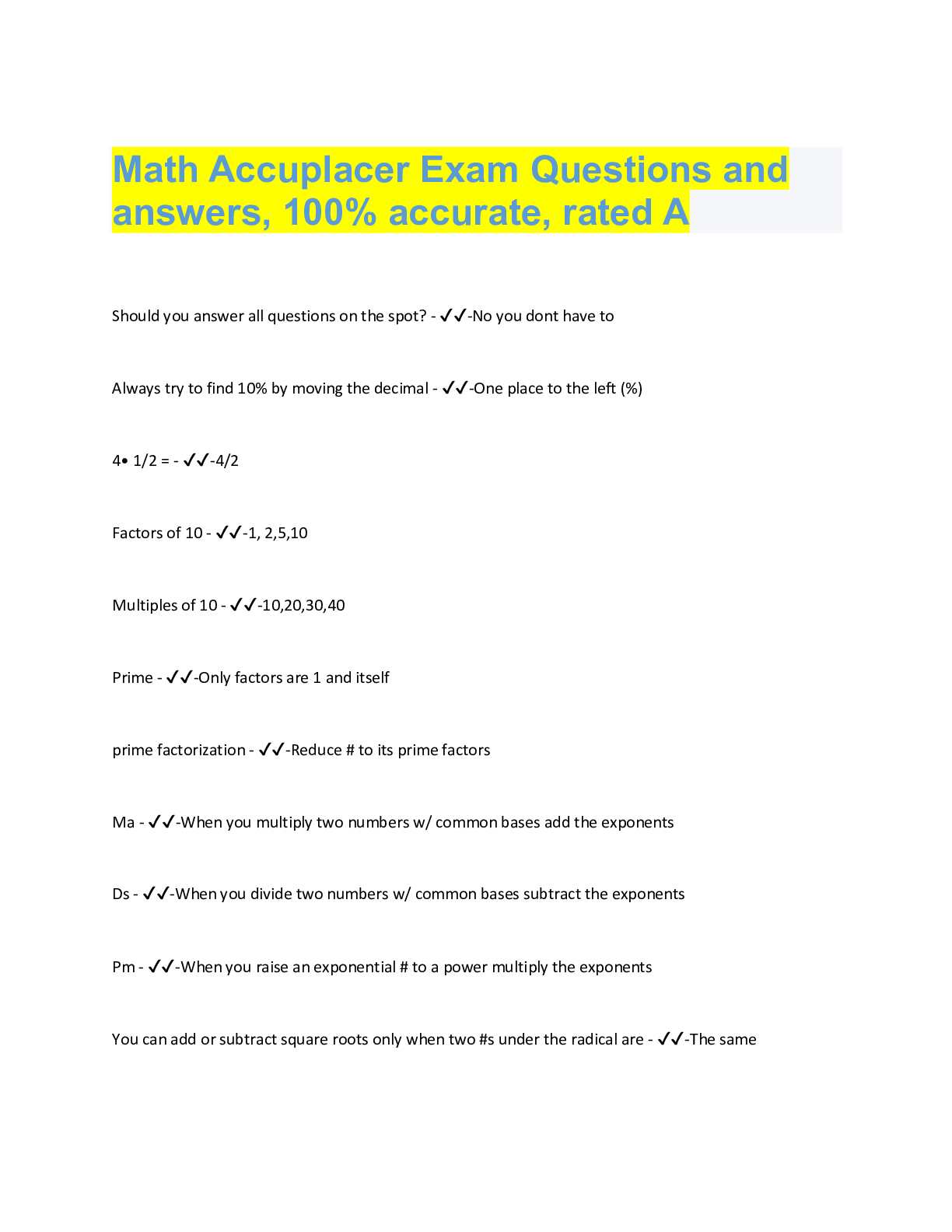 Preview image for Math Accuplacer Exam Questions and  answers, 100% accurate, rated A